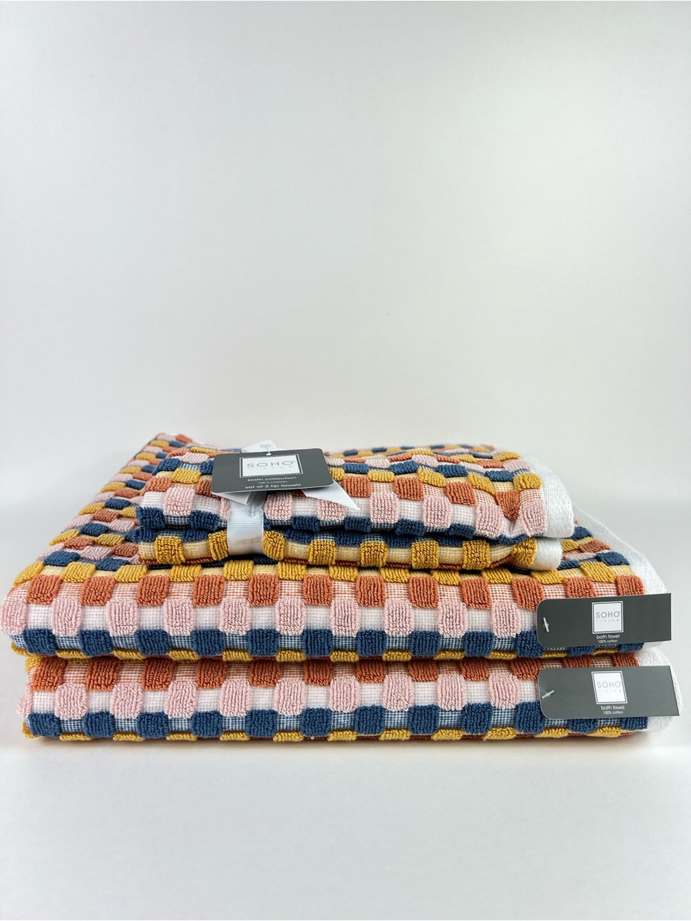 SOHO Living Bath Towel Set Waffle Weave Check Pattern Navy Orange Pink 4Pc NEW